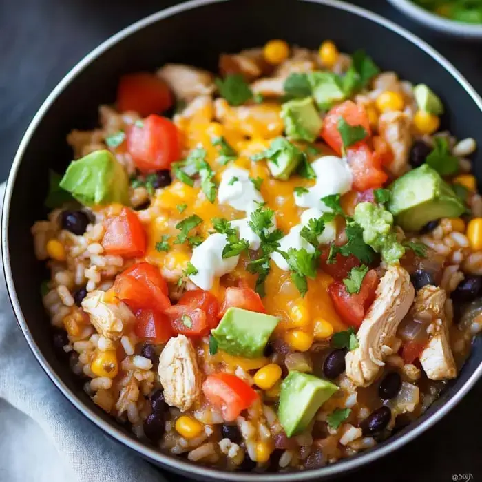 A bright and tasty looking bowl filled with chicken, black beans, corn, diced tomatoes, avocado, cheese, sour cream, and cilantro over rice.