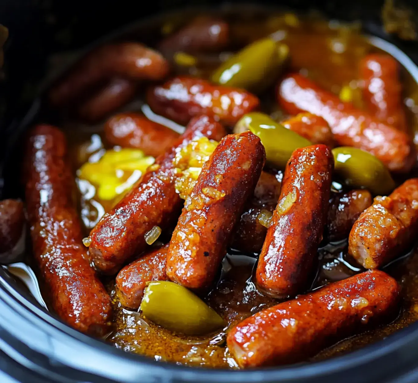 A close-up shot shows sausages swimming in a rich, savory sauce with diced onions and peppers scattered on top inside a slow cooker.
