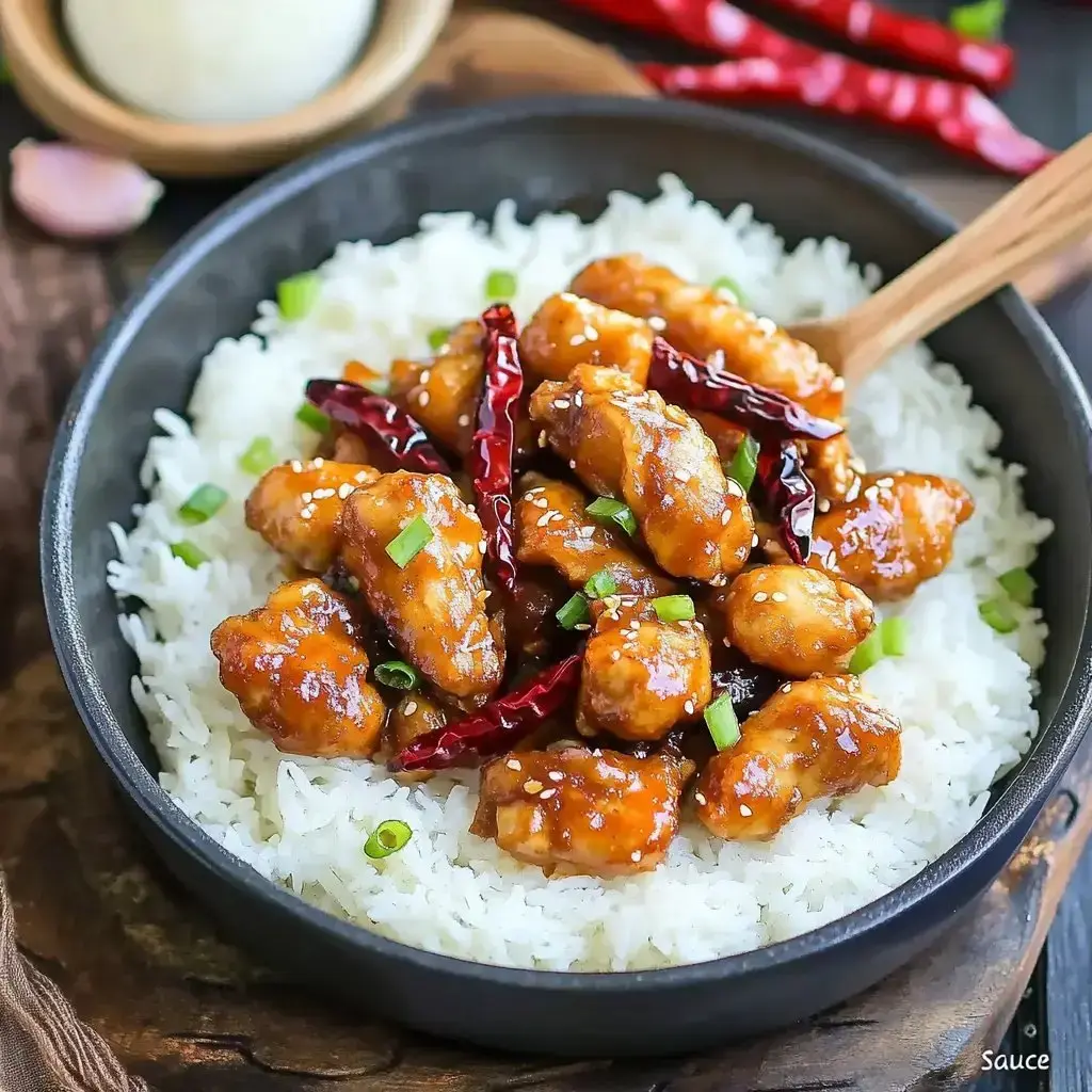 White rice in a dark bowl topped with glossy chicken bites, dried chilies, and scattered green onions.
