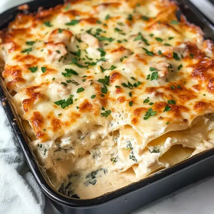 Layers of creamy sauce, spinach, pasta, and gooey cheese finished with fresh parsley up top.