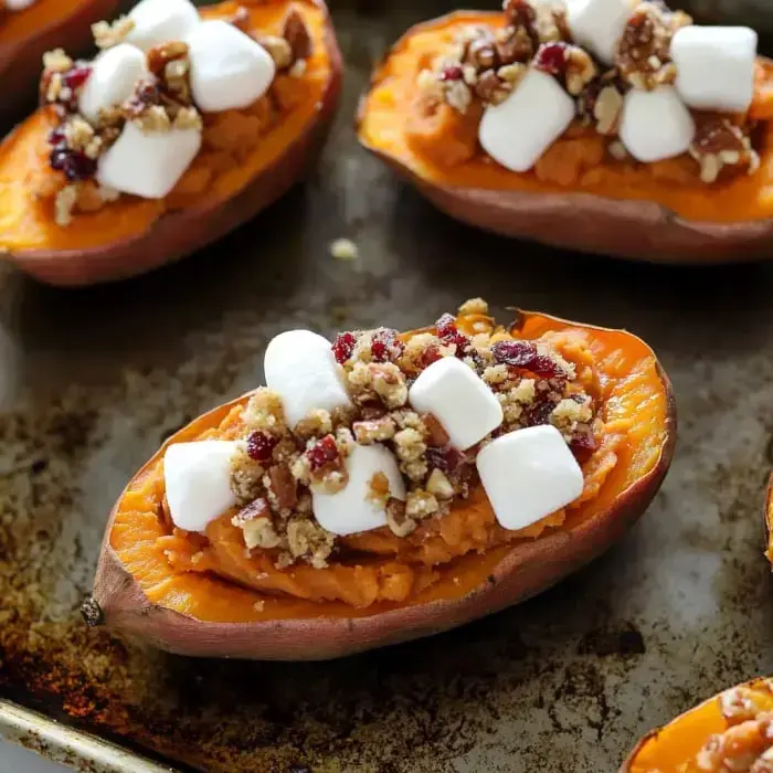 Twice-baked sweet potatoes covered with a melty pile of marshmallows, crunchy pecans, and crumbly topping on a tray.