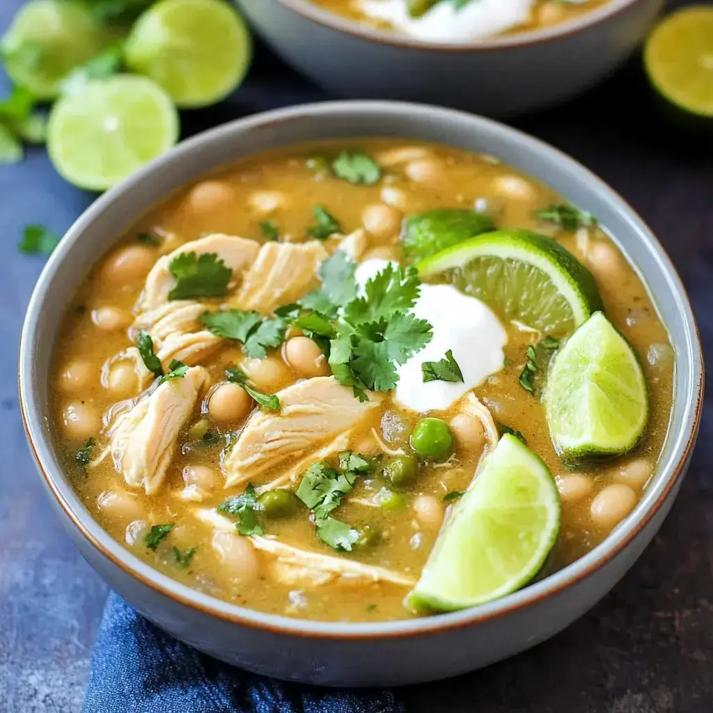 A bowl loaded with green chicken chili, fresh cilantro, lime, and a plop of sour cream.