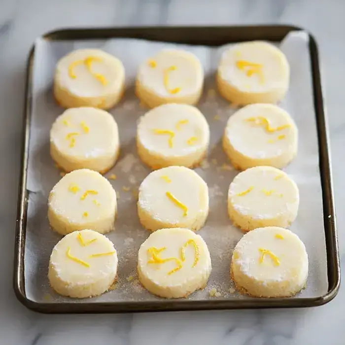 A tray with round lemony cookies rolled in sugar and topped with skinny strips of lemon zest.