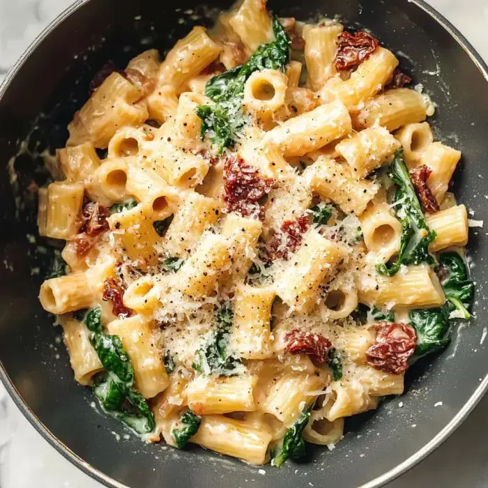 Rigatoni pasta loaded with spinach and sun-dried tomatoes, finished with grated cheese and a sprinkle of pepper.