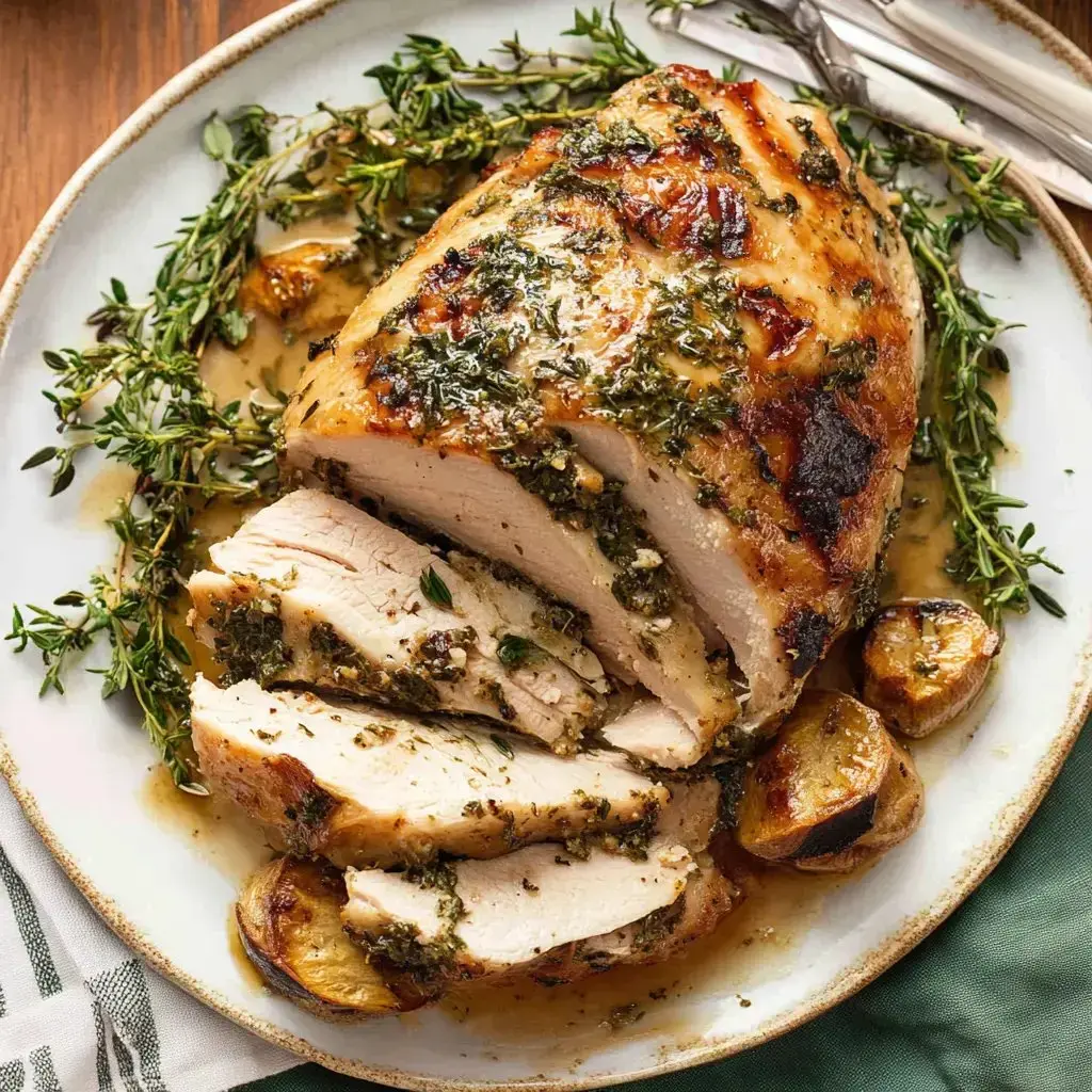 Juicy sliced turkey breast covered in herbs and gravy, topped with fresh thyme, set on a serving plate.