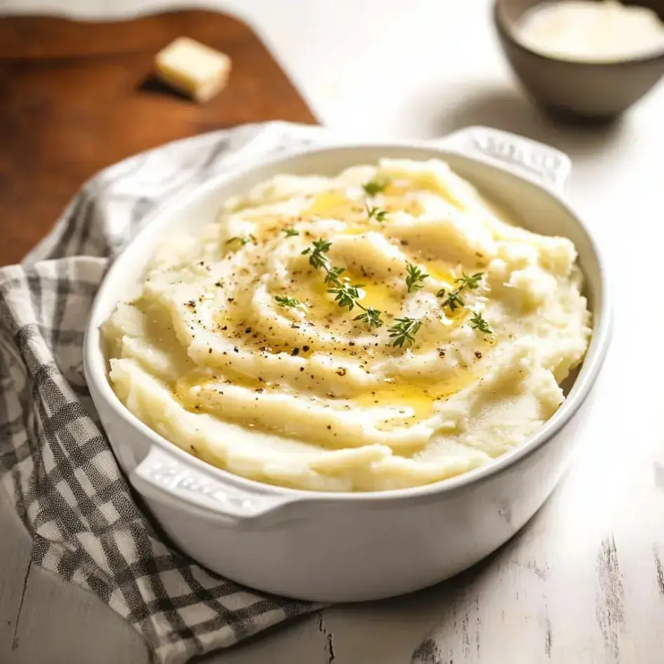A big bowl of cloud-like mashed potatoes drizzled with olive oil and sprinkled with fresh thyme sits on a checkered towel, looking extra tasty.