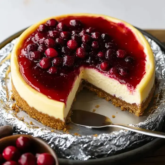 Slices of cheesecake finished with glossy cranberry sauce and whole berries on a silver tray.