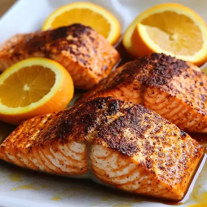 Grilled salmon fillets with lemon slices, ready to eat on a plate.