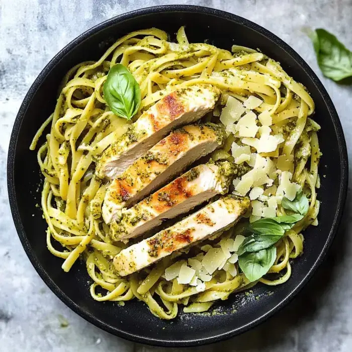 Black bowl filled with pesto pasta, topped with sliced grilled chicken, slices of parmesan, and some fresh basil leaves.