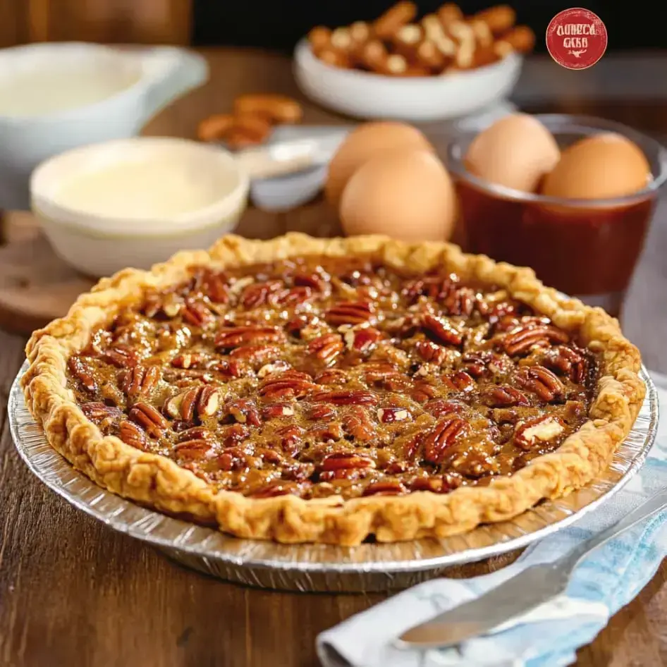 A golden brown pecan pie sits on a wooden table, surrounded by bowls of eggs, cream, and a glass of syrup—everything you need for a homemade treat.