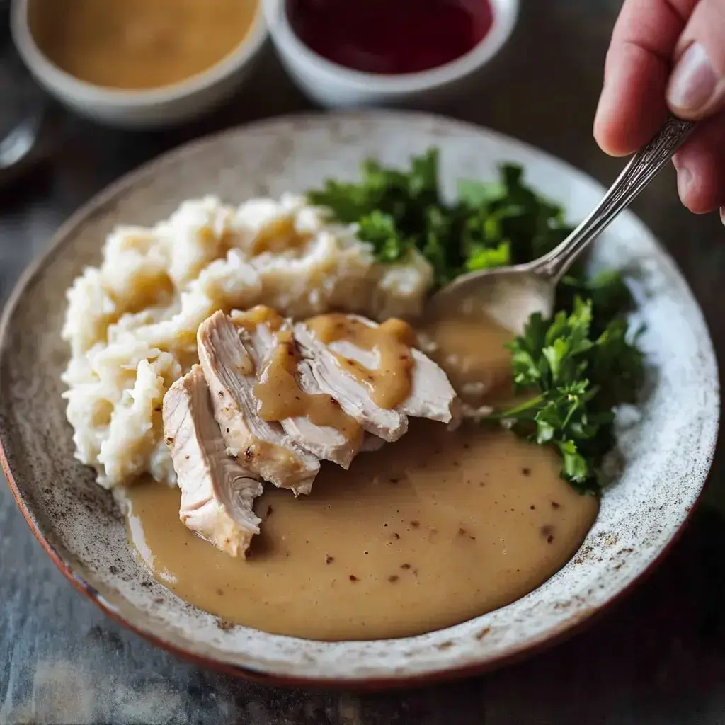 Mashed potatoes with turkey slices smothered in rich gravy and topped with fresh parsley, with little bowls of dipping sauces nearby.