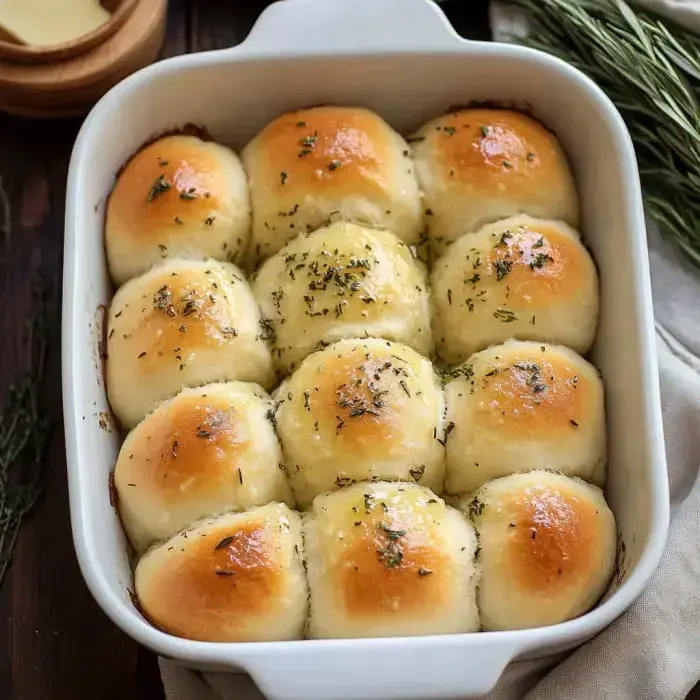 Warm homemade rolls with golden tops and herbs all over, snuggled in a white pan.