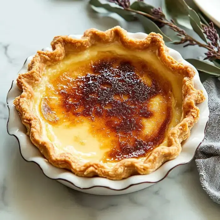 There’s a crisp-topped, golden pie in a white dish resting on marble, with plenty of greenery around it.