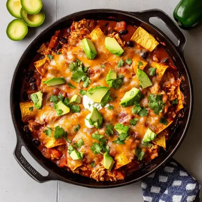 Cheesy chicken and tortilla skillet bake topped with cilantro and avocado, with sliced avocado and a bell pepper on the side.
