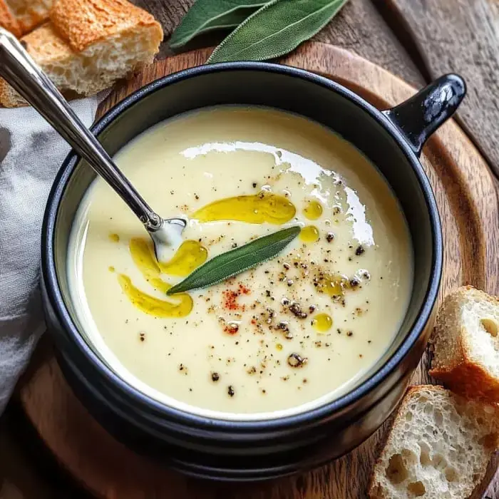 A creamy soup in a black bowl topped with olive oil, spices, and fresh sage, served with rustic bread on a wooden board.