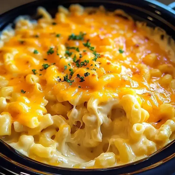 Up-close view of ultra-creamy mac and cheese, topped with gooey cheddar and a sprinkle of herbs.
