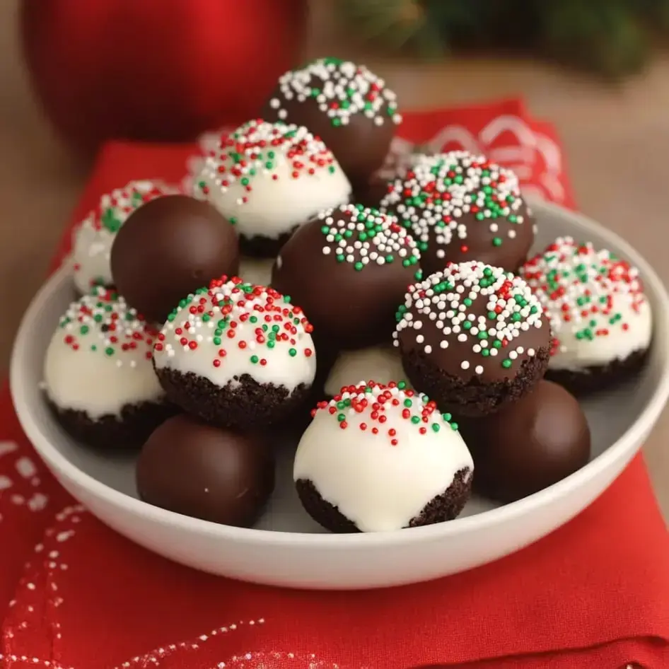 Festive chocolate and white truffles covered in sprinkles sit on a red tablecloth, all bunched on a plate.