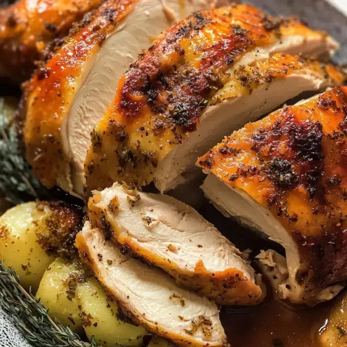 A close-up of sliced roast chicken breast with fresh herbs and roasted potatoes.