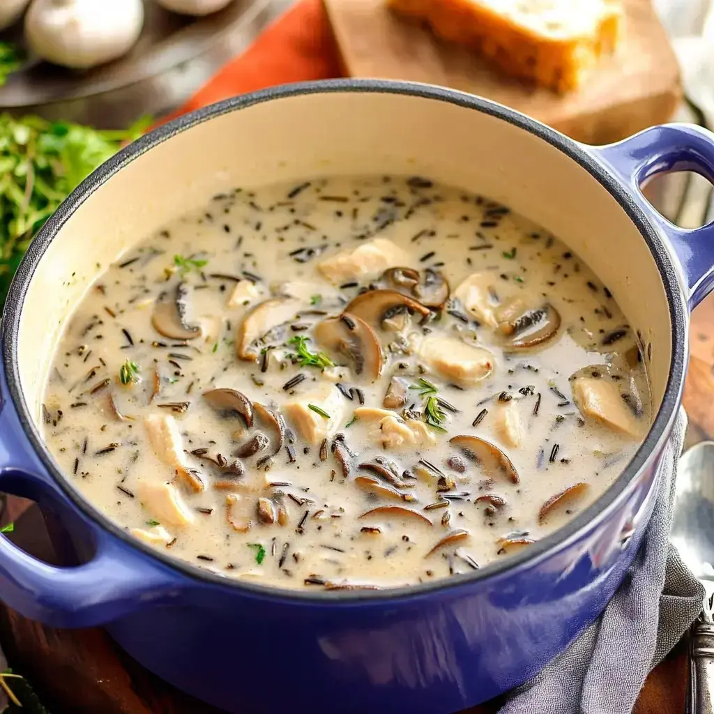 Blue pot packed with creamy chicken, mushrooms, wild rice, and a sprinkle of bright herbs.