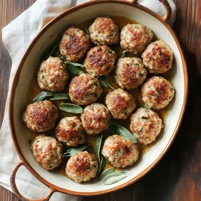 A shallow ceramic bowl filled with browned meatballs and topped with fresh sage leaves.