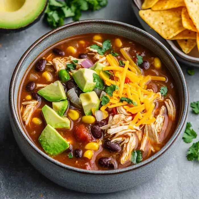 A bowl loaded with chunky chicken soup, black beans, tomatoes, corn, avocado slices, shredded cheese, and sprigs of cilantro, plus a side of crunchy tortilla chips.