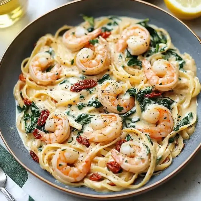 Bowl filled with creamy pasta swirled with shrimp, leafy spinach, sun dried tomatoes, and a slice of lemon on the side.