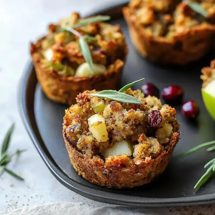 Round savory muffin cups stuffed with sausage, apples, and cranberries sit on a black plate, topped with fresh herbs.