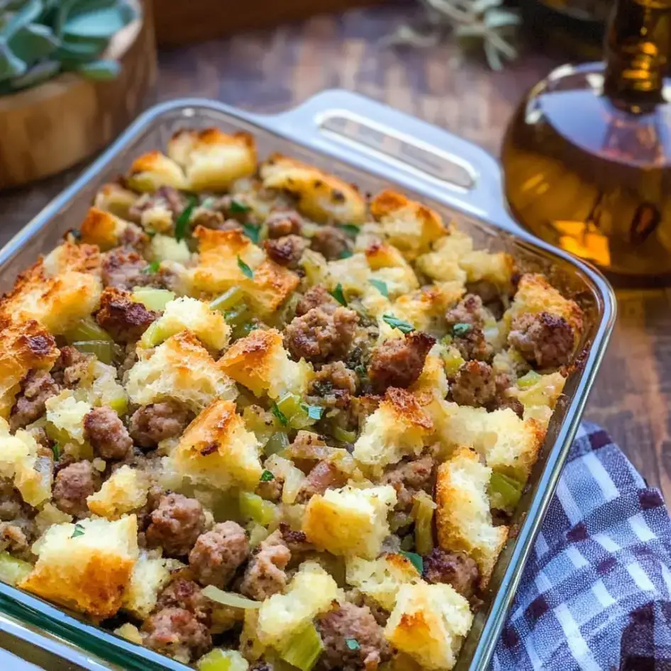 A golden, toasty stuffing packed with chunks of bread, sausage, herbs, celery, and a fresh sprinkle of herbs on top. Served in a deep baking dish.