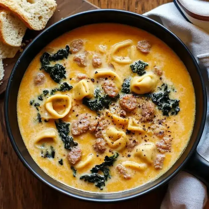 A bowl of creamy soup loaded with sausage, pasta, and kale, sitting next to slices of bread.