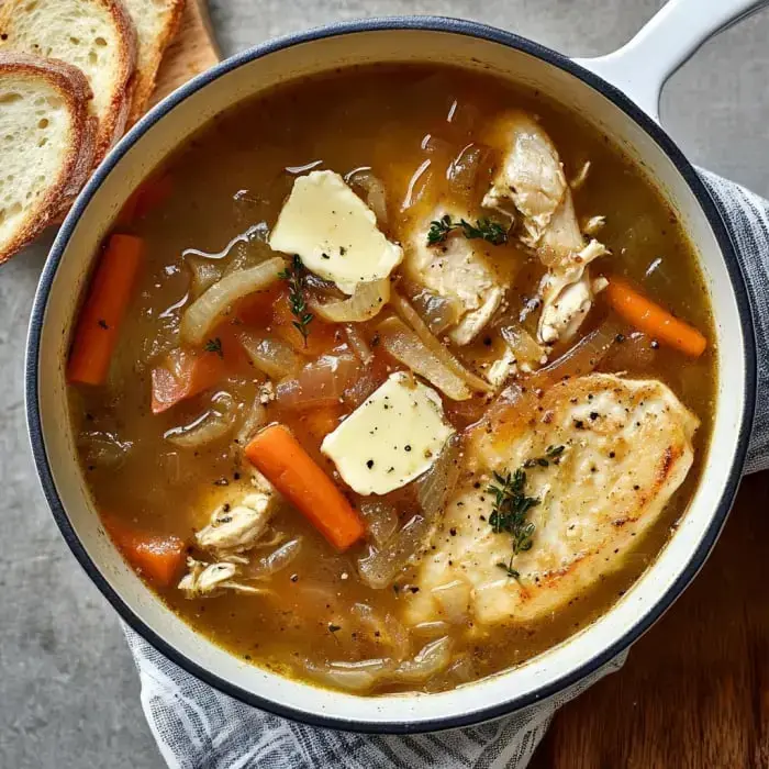 Zoomed-in shot of chicken soup loaded with onions, carrots, and butter, sprinkled with thyme and served with bread slices.