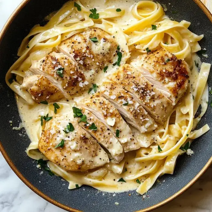 Tender fettuccine bathed in creamy sauce with slices of juicy grilled chicken and a sprinkle of parsley on top.