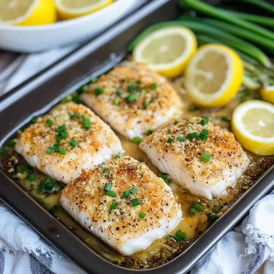 Fish fillets out of the oven, covered with crunchy breadcrumbs and herbs, lemon slices on the side and green onions sprinkled on top.
