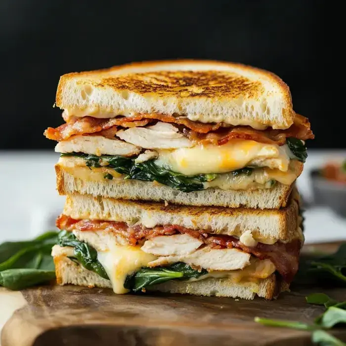 Tall sandwich packed with melty cheese, spinach, bacon, and grilled chicken piled high between crusty bread.