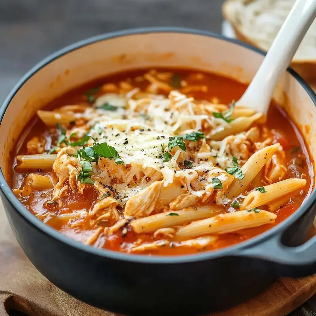 A bowl filled with noodles, tender chicken, rich tomato sauce, melty cheese, and a shower of fresh herbs.
