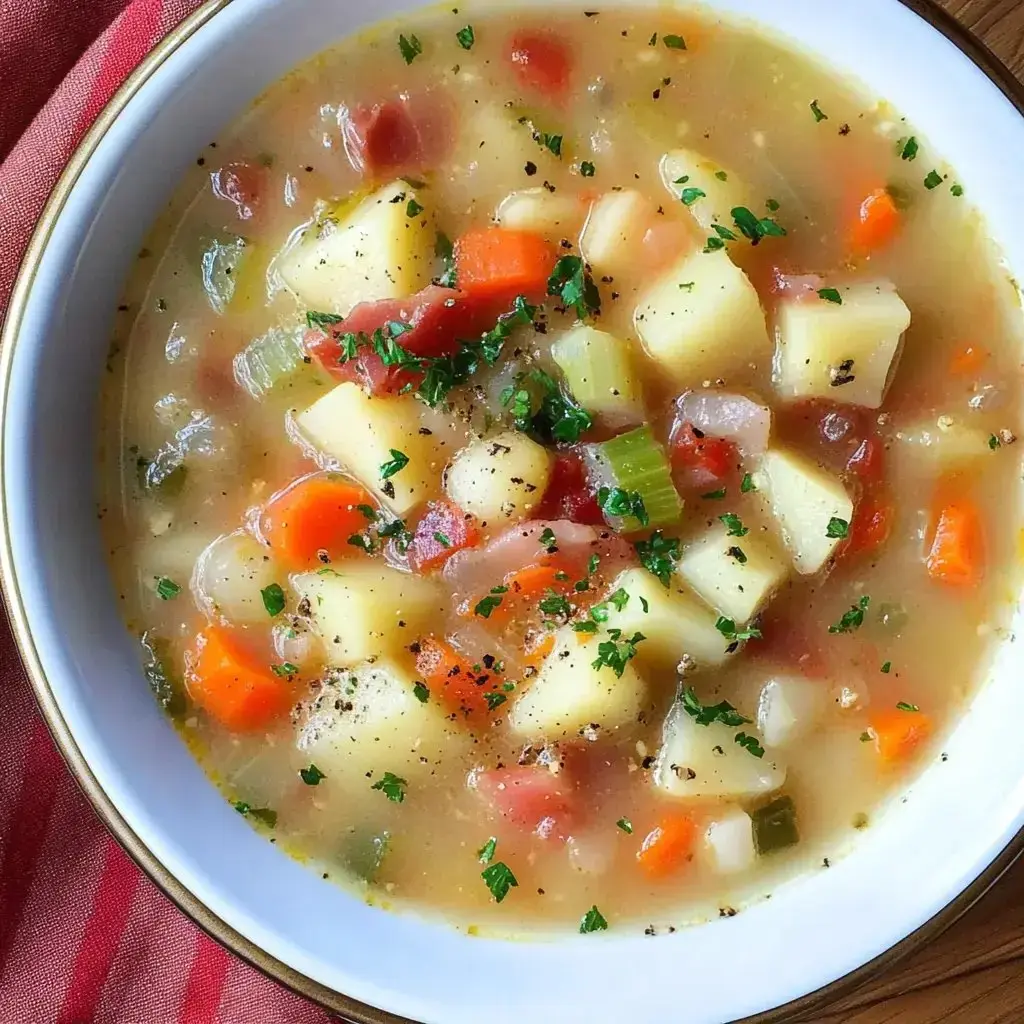 Hearty veggie soup with potatoes, carrots, celery, tomatoes, and parsley on top.