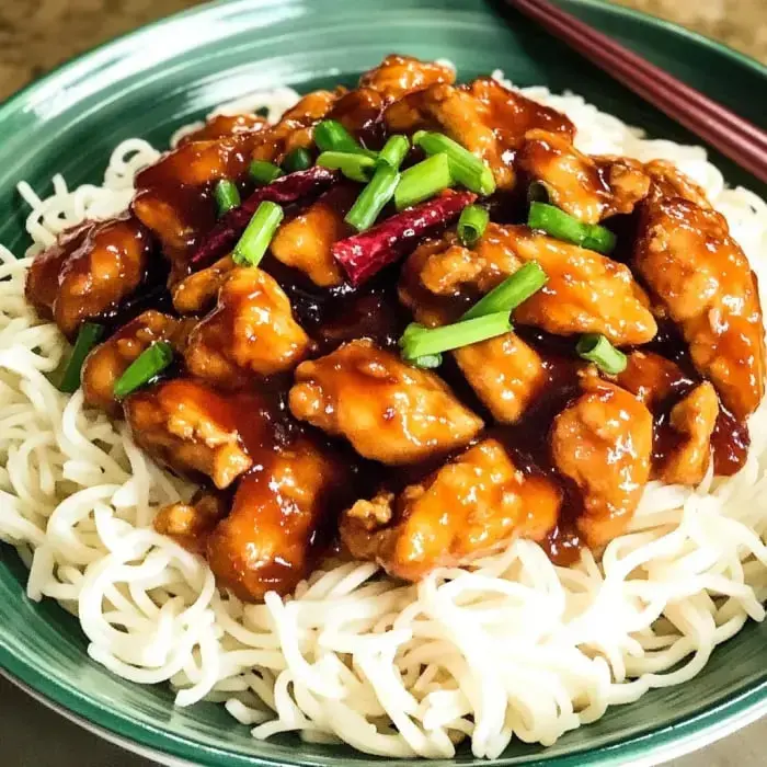 Chunks of chicken glazed in a shiny sauce, with green onions on top, all served over noodles in a green bowl.
