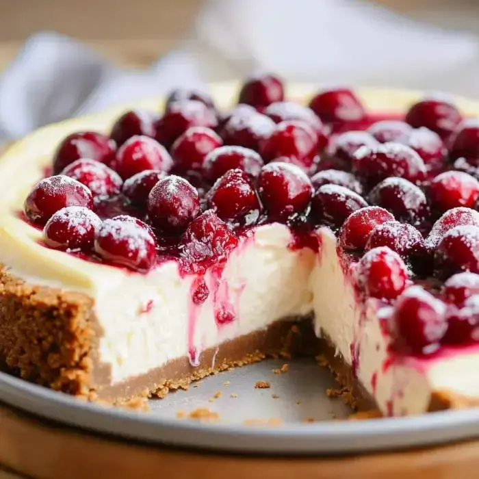 A wedge missing from a white chocolate cranberry dessert, topped with shiny cranberries and resting on a crumb crust.