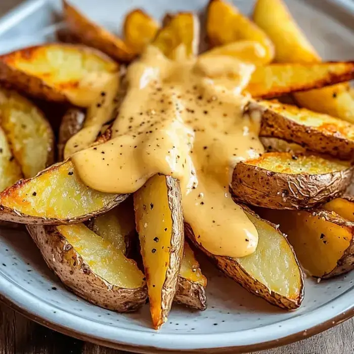 Crispy potato wedges piled up with creamy, drizzly cheese sauce and fresh cracked pepper.