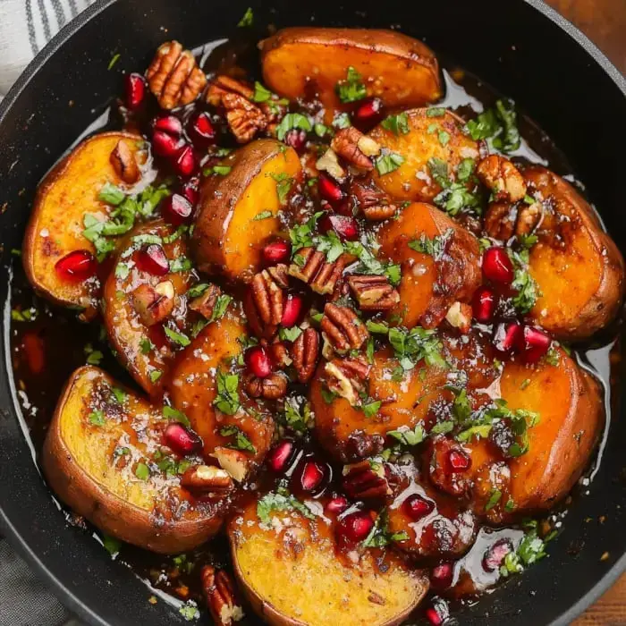 A pan holds baked sweet potato slices loaded with pomegranate, chopped pecans, and plenty of herbs.