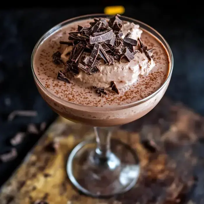 A fancy glass bursting with chocolate goodness, topped off with whipped cream and curls of chocolate.