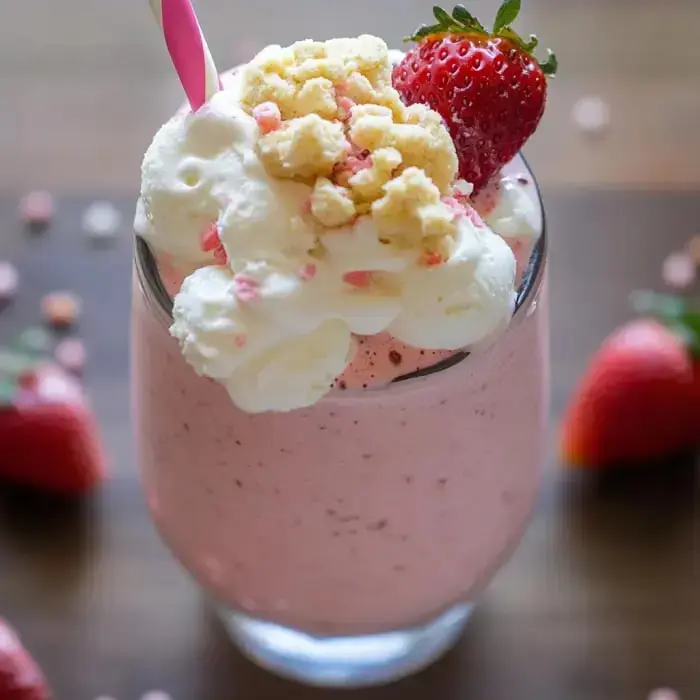 Bright pink strawberry milkshake covered in whipped cream, cookie crumbles, and fresh berry with a straw.