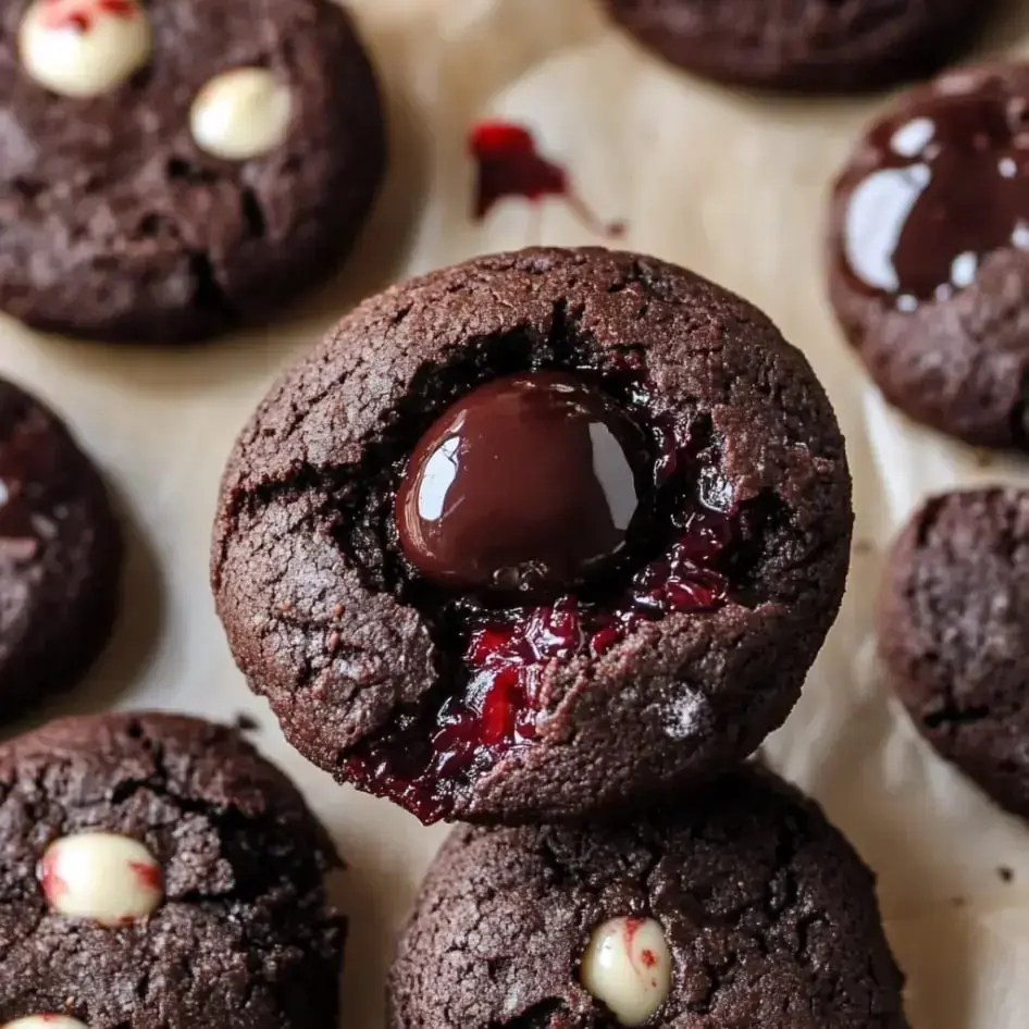 Chocolate cookies close up with shiny chocolate ganache and a cherry filling in the center.