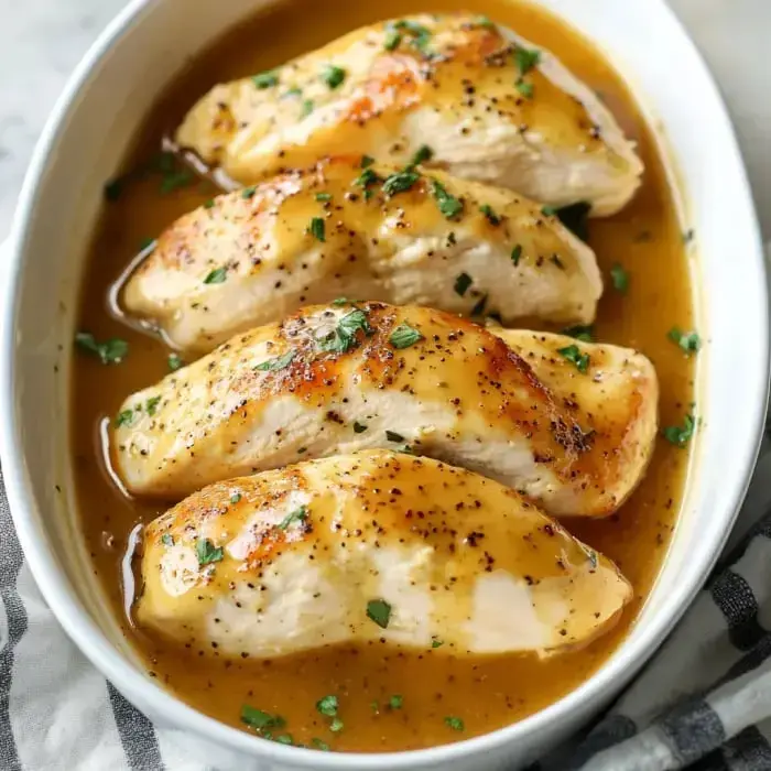 Four juicy chicken breasts in a rich golden sauce, topped with herbs and ready to eat.
