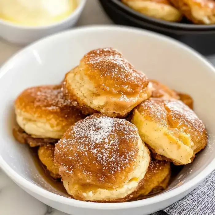 Stacked soft pastries dusted with sugar, sitting in a bowl, and a bowl of whipped cream behind them.