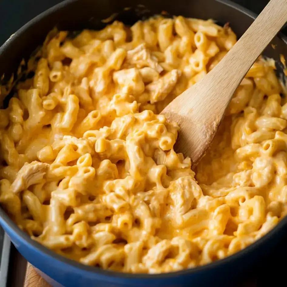 Macaroni coated in creamy cheese sauce fills a pot with a wooden spoon tucked in.