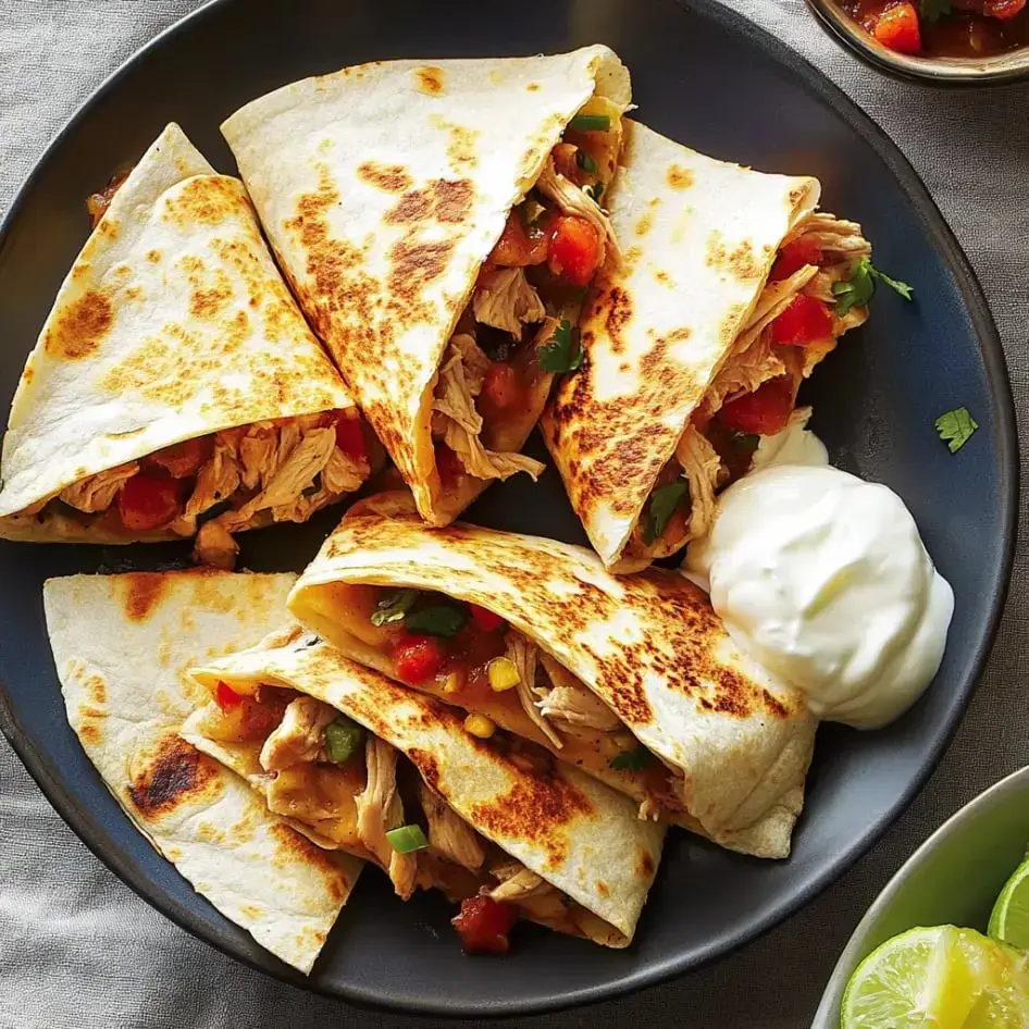 Five crunchy tortillas stuffed with chicken, topped with diced tomatoes, and served with sour cream on the side.