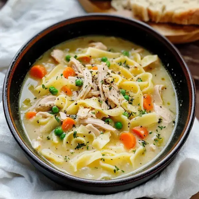 A steaming bowl loaded with egg noodles, carrots, peas, and turkey, sprinkled with herbs on top.