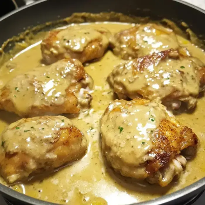A skillet holding several juicy chicken thighs swimming in creamy sauce with fresh herbs on top.