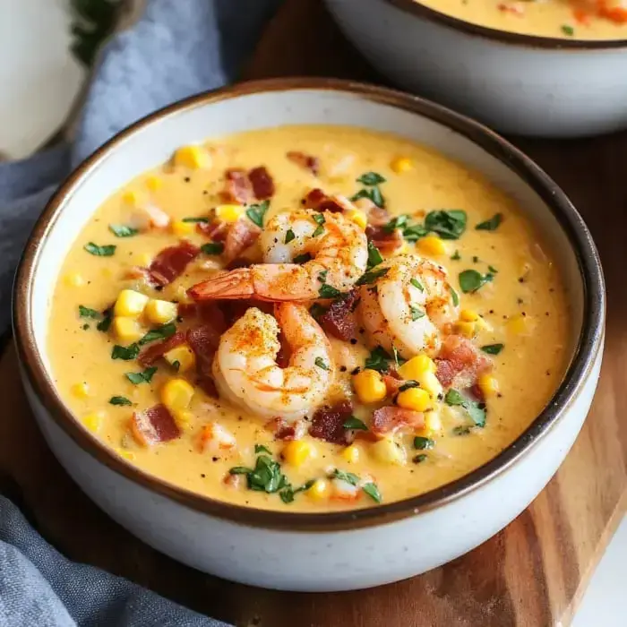 Thick corn and shrimp soup showered with crispy bacon and parsley in a bowl, looking super cozy and inviting.