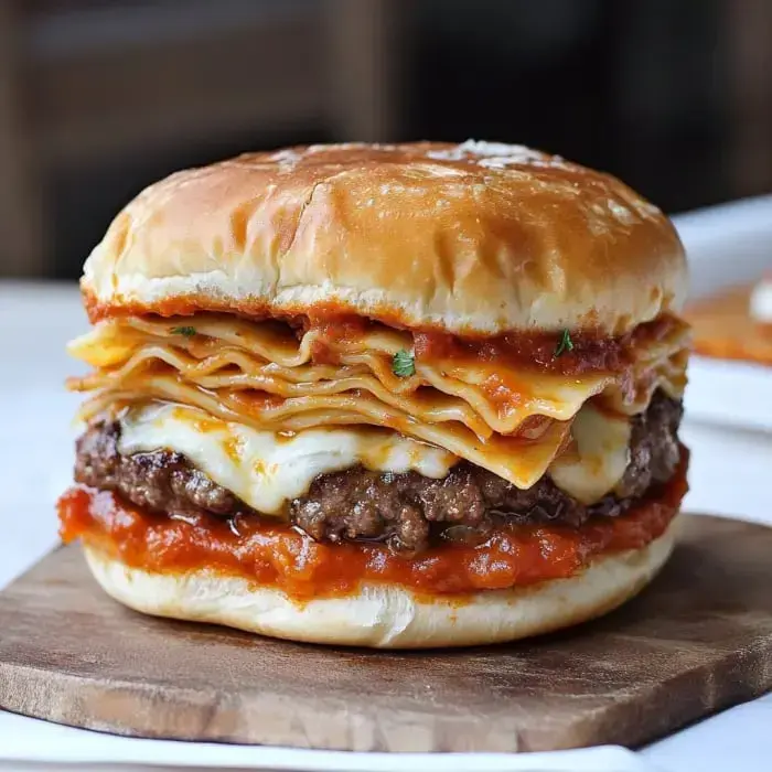 Juicy burger stacked with pasta, tangy red sauce, melty cheese, and a golden bun.